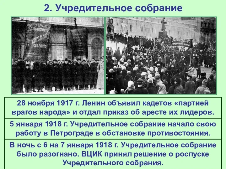 2. Учредительное собрание 28 ноября 1917 г. Ленин объявил кадетов