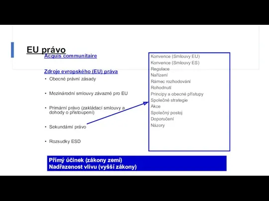 EU právo Acquis communitaire Zdroje evropského (EU) práva Obecné právní