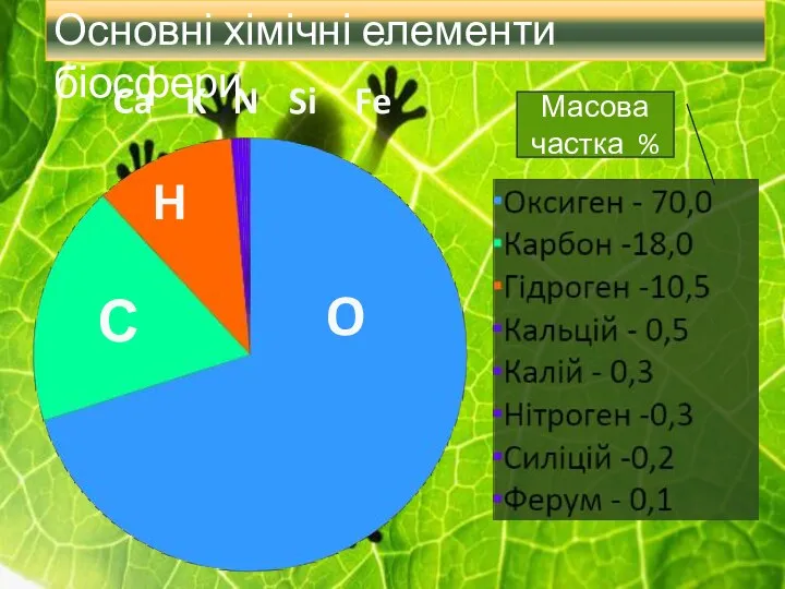 Н Ca N K O С Масова частка % Основні хімічні елементи біосфери Si Fe