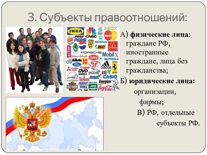 3. Субъекты правоотношений: А) физические лица: граждане РФ, иностранные граждане,