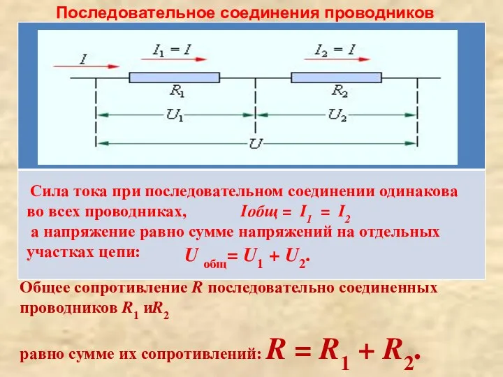 Сила тока при последовательном соединении одинакова во всех проводниках, Iобщ = I1 =