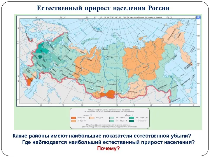 Естественный прирост населения России Какие районы имеют наибольшие показатели естественной убыли? Где наблюдается
