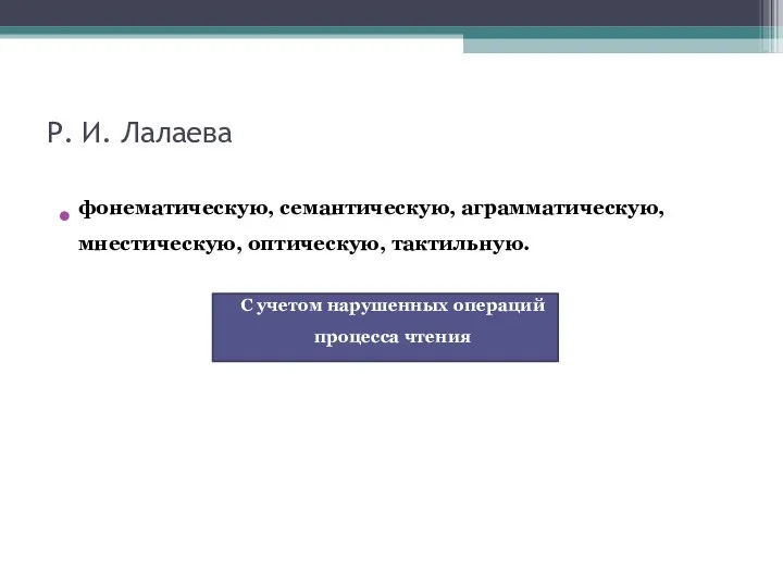 Р. И. Лалаева фонематическую, семантическую, аграмматическую, мнестическую, оптическую, тактильную. С учетом нарушенных операций процесса чтения