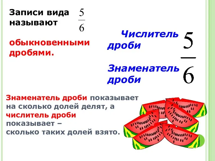 Знаменатель дроби показывает на сколько долей делят, а числитель дроби показывает – сколько