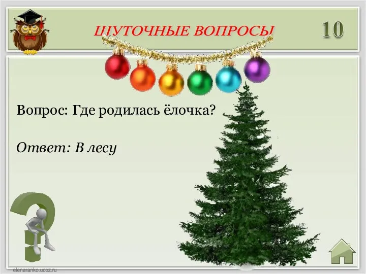 Ответ: В лесу Вопрос: Где родилась ёлочка? ШУТОЧНЫЕ ВОПРОСЫ