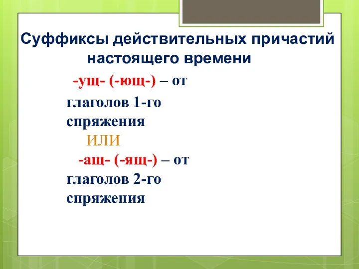 Суффиксы действительных причастий настоящего времени -ущ- (-ющ-) – от глаголов