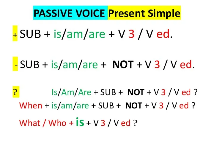 PASSIVE VOICE Present Simple + SUB + is/am/are + V 3 / V