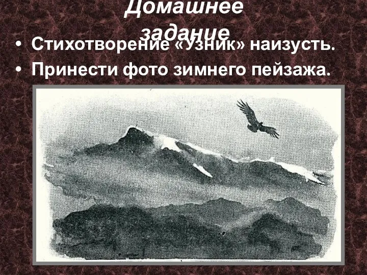 Домашнее задание Стихотворение «Узник» наизусть. Принести фото зимнего пейзажа.