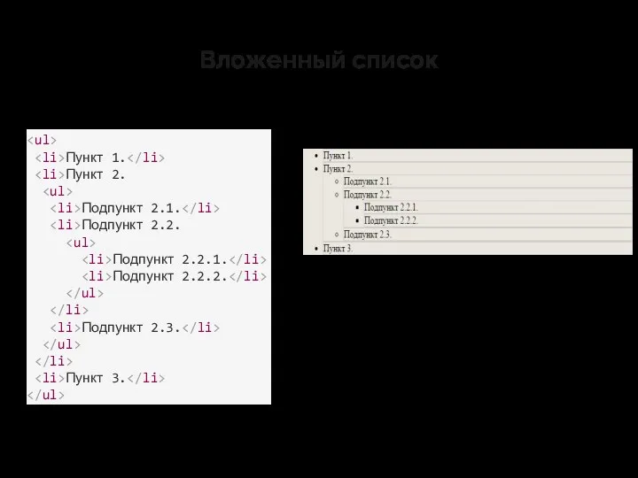 Вложенный список Пункт 1. Пункт 2. Подпункт 2.1. Подпункт 2.2. Подпункт 2.2.1. Подпункт