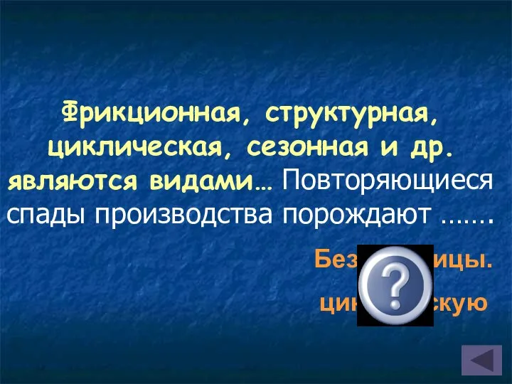 Фрикционная, структурная, циклическая, сезонная и др. являются видами… Повторяющиеся спады производства порождают ……. Безработицы. циклическую