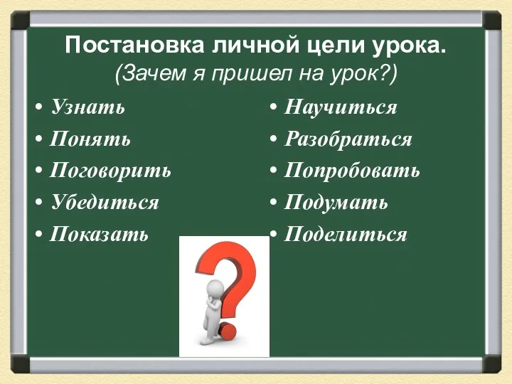 Постановка личной цели урока. (Зачем я пришел на урок?) Узнать Понять Поговорить Убедиться