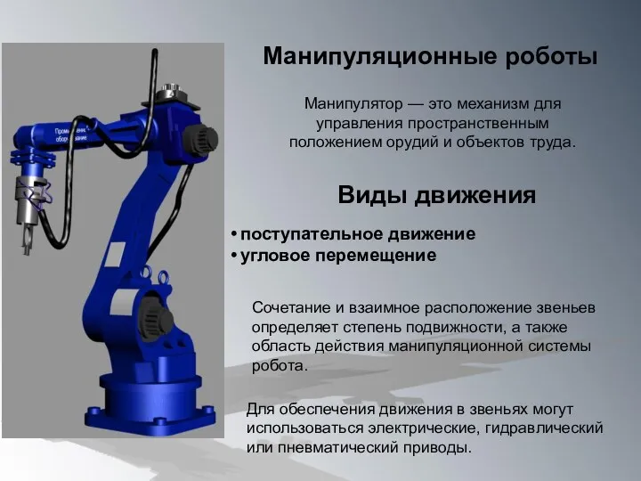 Манипулятор — это механизм для управления пространственным положением орудий и