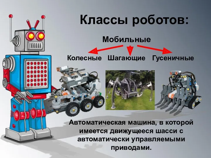 Классы роботов: Мобильные Автоматическая машина, в которой имеется движущееся шасси с автоматически управляемыми