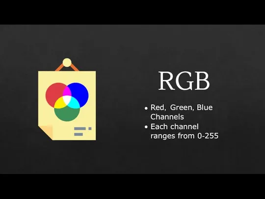 RGB Red, Green, Blue Channels Each channel ranges from 0-255