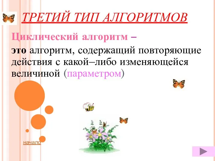 ТРЕТИЙ ТИП АЛГОРИТМОВ Циклический алгоритм – это алгоритм, содержащий повторяющие