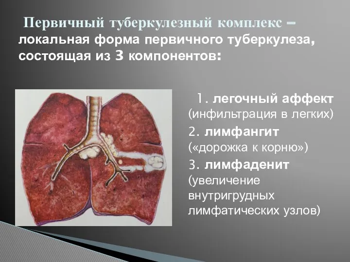 1. легочный аффект (инфильтрация в легких) 2. лимфангит («дорожка к