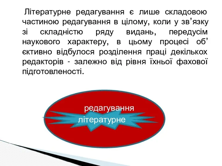 Літературне редагування є лише складовою частиною редагування в цілому, коли