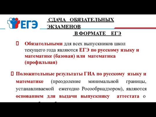 СДАЧА ОБЯЗАТЕЛЬНЫХ ЭКЗАМЕНОВ В ФОРМАТЕ ЕГЭ Обязательными для всех выпускников