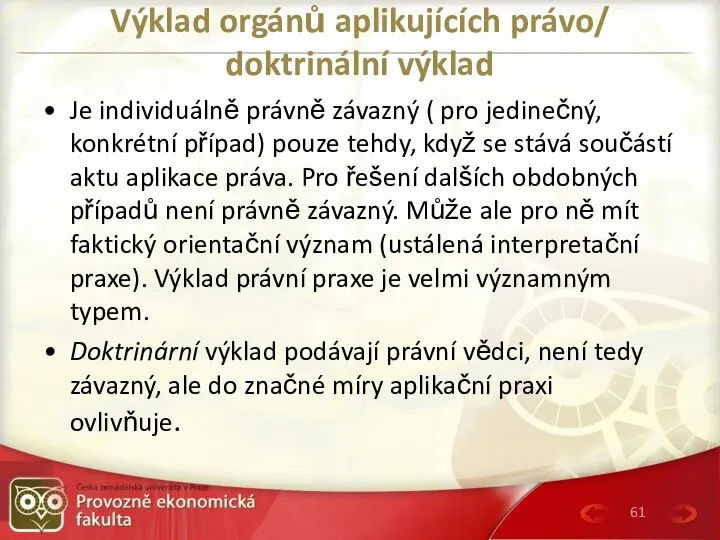 Výklad orgánů aplikujících právo/ doktrinální výklad Je individuálně právně závazný