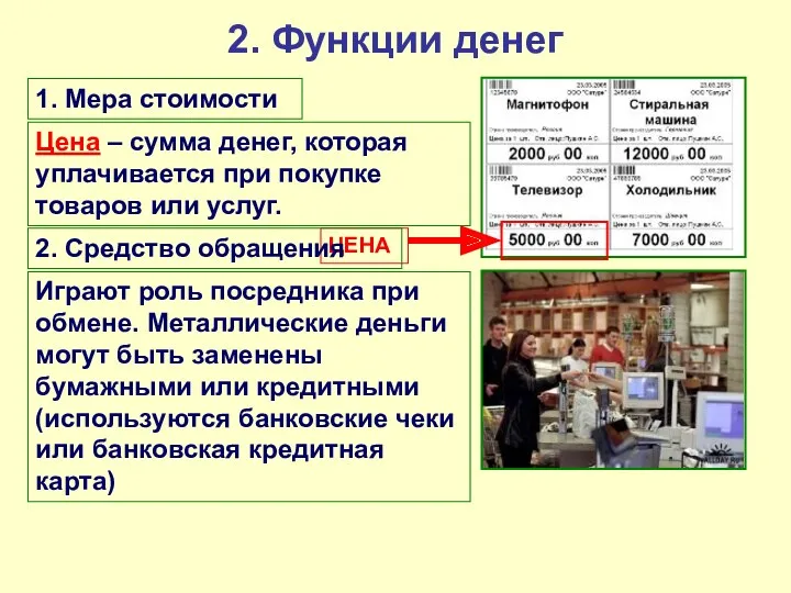 2. Функции денег 1. Мера стоимости Цена – сумма денег,