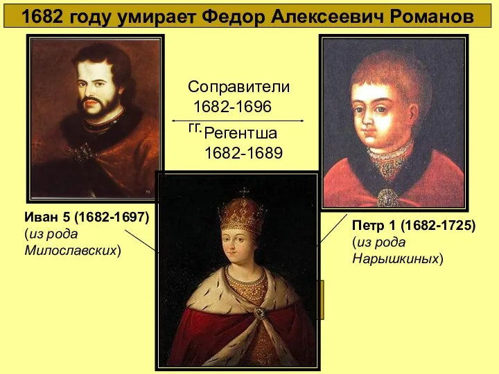 1682 году умирает Федор Алексеевич Романов Петр 1 (1682-1725) (из рода Нарышкиных) Иван