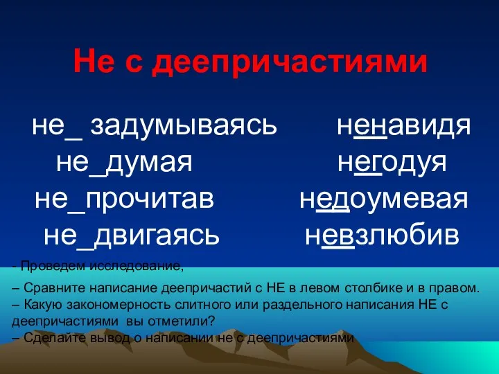 Не с деепричастиями не_ задумываясь ненавидя не_думая негодуя не_прочитав недоумевая