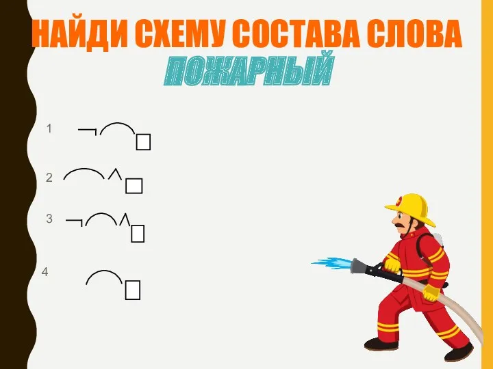 НАЙДИ СХЕМУ СОСТАВА СЛОВА ПОЖАРНЫЙ 1 2 3 4