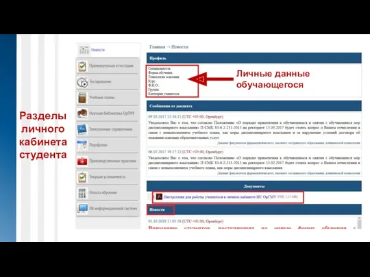 Личные данные обучающегося Разделы личного кабинетастудента