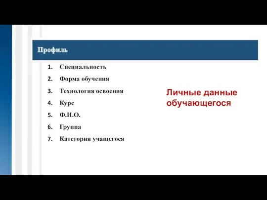 Личные данные обучающегося Специальность Форма обучения Технология освоения Курс Ф.И.О. Группа Категория учащегося