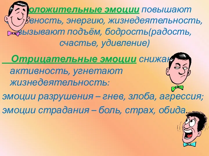 Положительные эмоции повышают активность, энергию, жизнедеятельность,вызывают подъём, бодрость(радость,счастье, удивление) Отрицательные