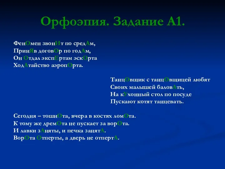 Орфоэпия. Задание А1. ФенОмен звонИт по средАм, ПринЯв договОр по