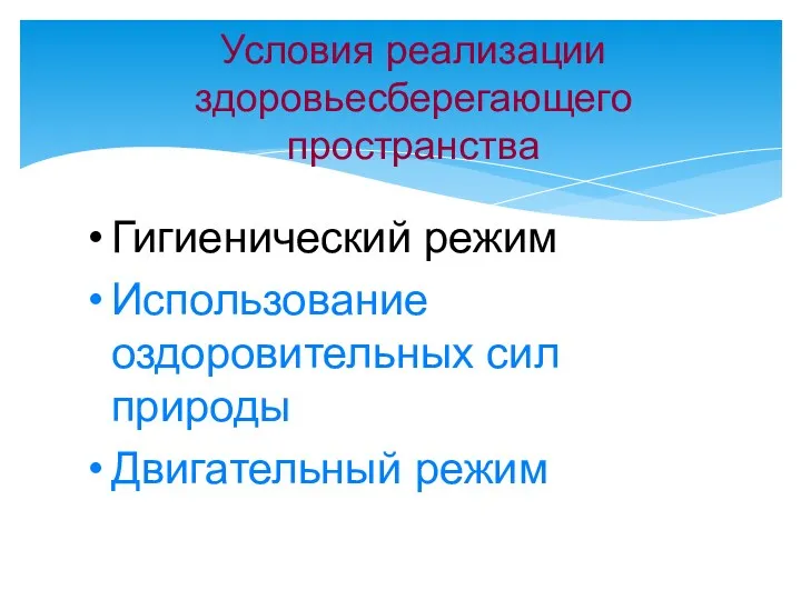 Условия реализации здоровьесберегающего пространства Гигиенический режим Использование оздоровительных сил природы Двигательный режим