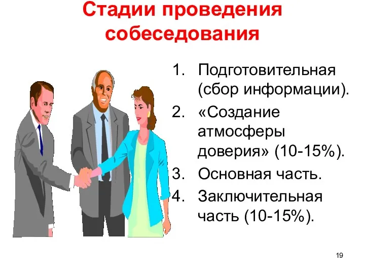 Стадии проведения собеседования Подготовительная (сбор информации). «Создание атмосферы доверия» (10-15%). Основная часть. Заключительная часть (10-15%).