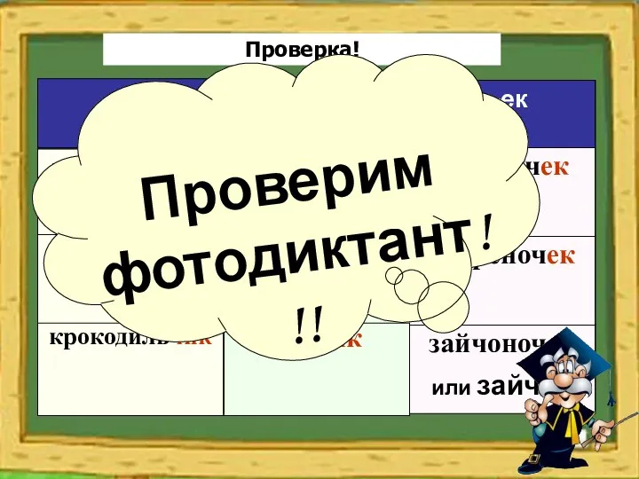 Проверка! -чик -ик -ек крокодильчик слоник львёночек пингвинчик бегемотик тигрёночек попугайчик ёжик зайчоночек или зайчик