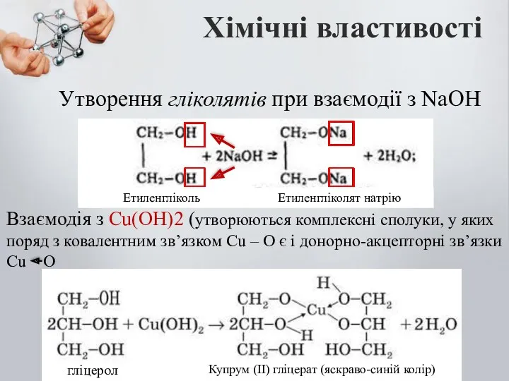 Утворення гліколятів при взаємодії з NaOH Хімічні властивості Взаємодія з