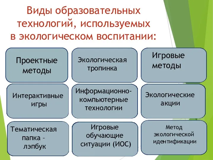 Виды образовательных технологий, используемых в экологическом воспитании: Проектные методы Экологическая