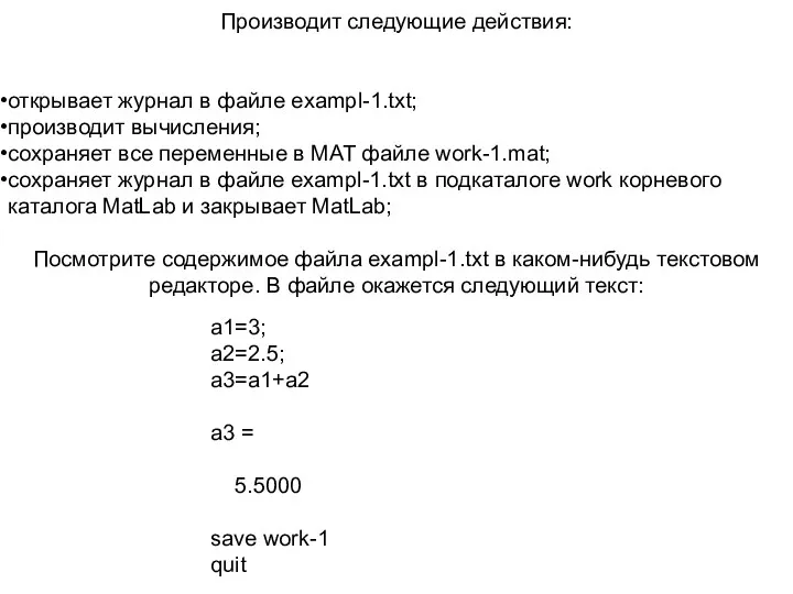 Производит следующие действия: открывает журнал в файле exampl-1.txt; производит вычисления;