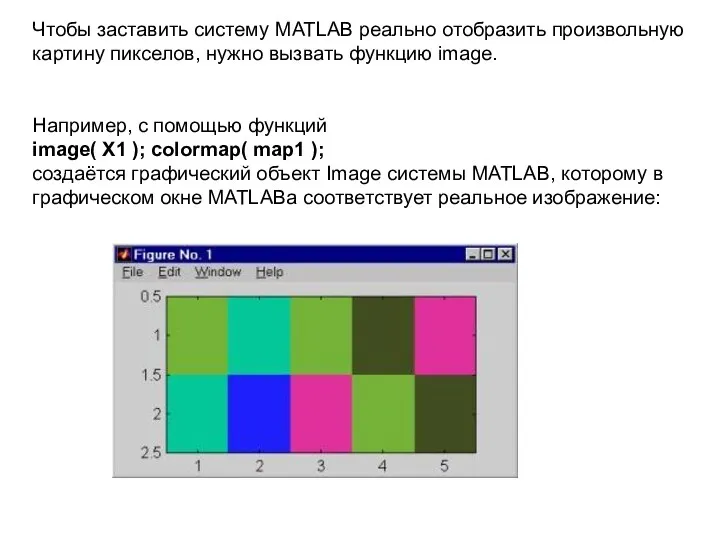 Чтобы заставить систему MATLAB реально отобразить произвольную картину пикселов, нужно