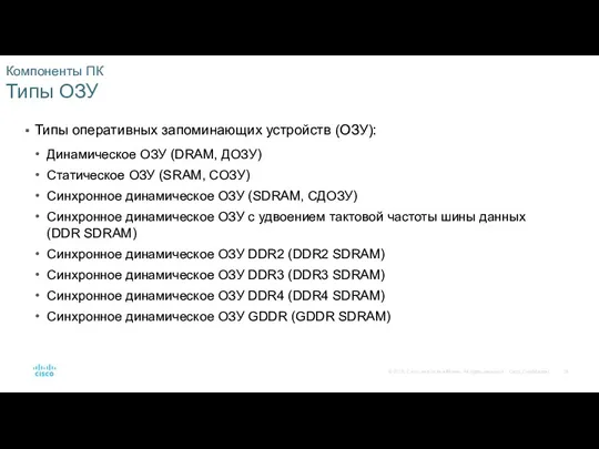 Компоненты ПК Типы ОЗУ Типы оперативных запоминающих устройств (ОЗУ): Динамическое