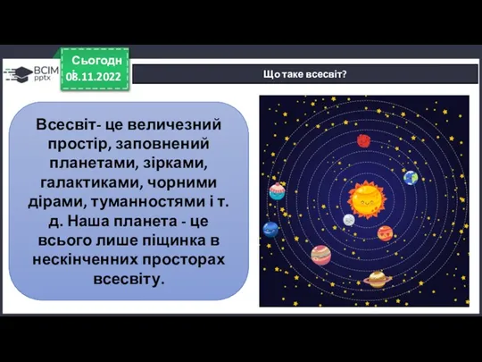 Сьогодні Що таке всесвіт? Всесвіт- це величезний простір, заповнений планетами,