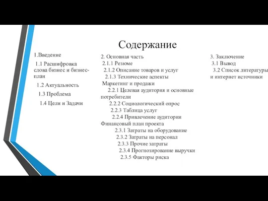 Содержание 1.Введение 1.1 Расшифровка слова бизнес и бизнес-план 1.2 Актуальность