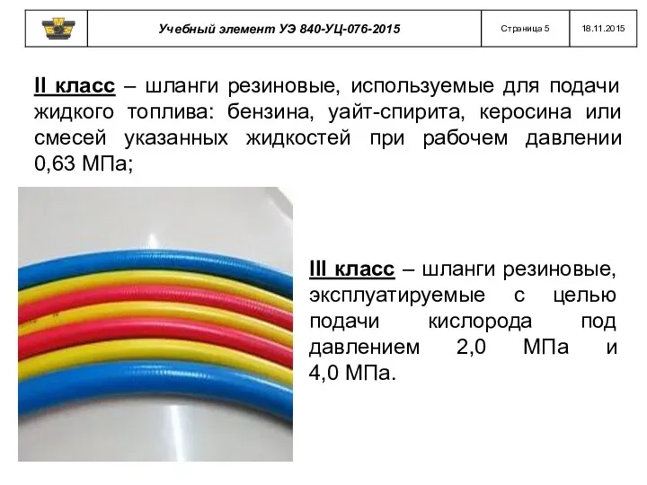 II класс – шланги резиновые, используемые для подачи жидкого топлива: