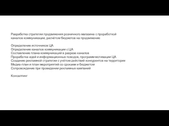 Разработка стратегии продвижения розничного магазина с проработкой каналов коммуникации, расчётом