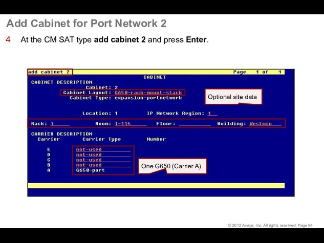 Add Cabinet for Port Network 2 At the CM SAT