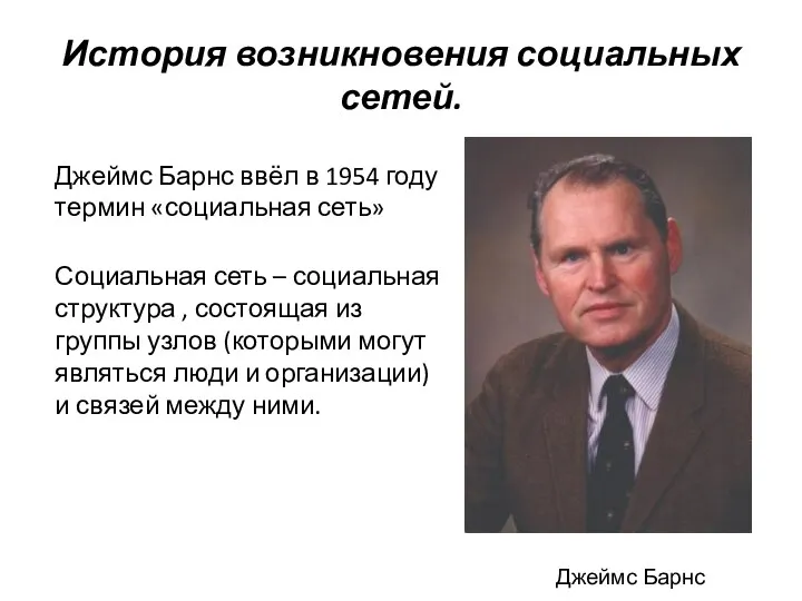 История возникновения социальных сетей. Джеймс Барнс ввёл в 1954 году