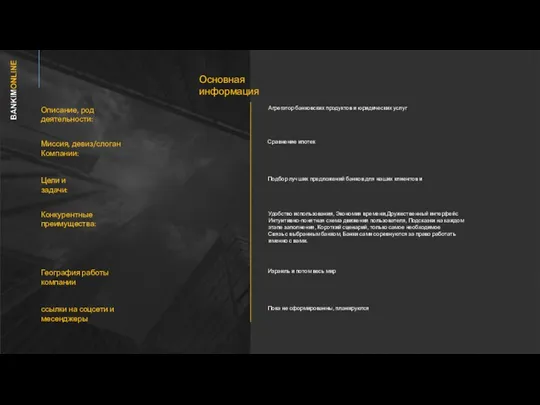 Описание, род деятельности: Миссия, девиз/слоган Компании: Цели и задачи: Конкурентные