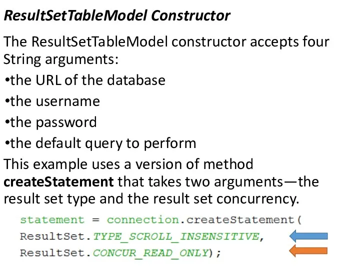 ResultSetTableModel Constructor The ResultSetTableModel constructor accepts four String arguments: the