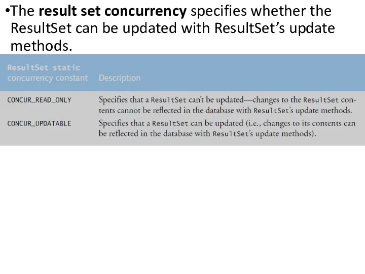 The result set concurrency specifies whether the ResultSet can be updated with ResultSet’s update methods.