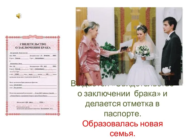 Выдаётся «Свидетельство о заключении брака» и делается отметка в паспорте. Образовалась новая семья.