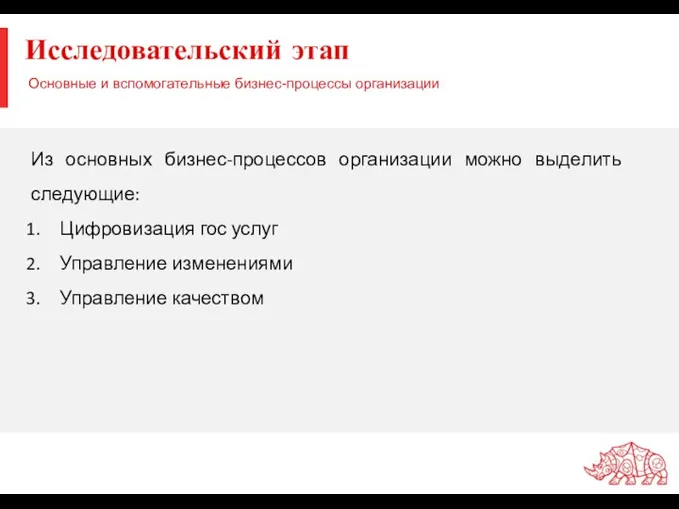 Исследовательский этап Основные и вспомогательные бизнес-процессы организации Из основных бизнес-процессов